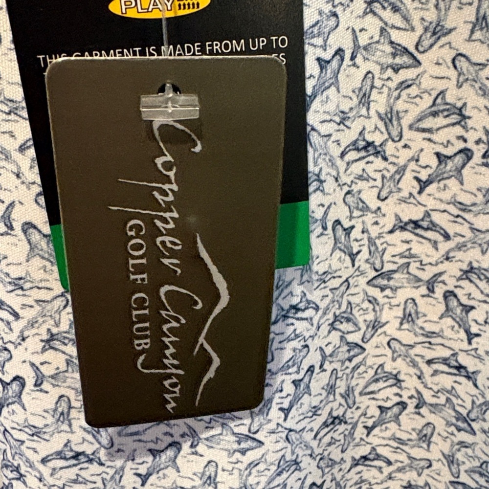 New w/tag!Greg Norman Collection White and Blue shark Patterned Polo. Size Large - Picture 5 of 7